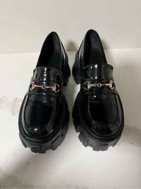 Princess Polly Black Patent Lug Sole Loafers with Gold Bit Hardware